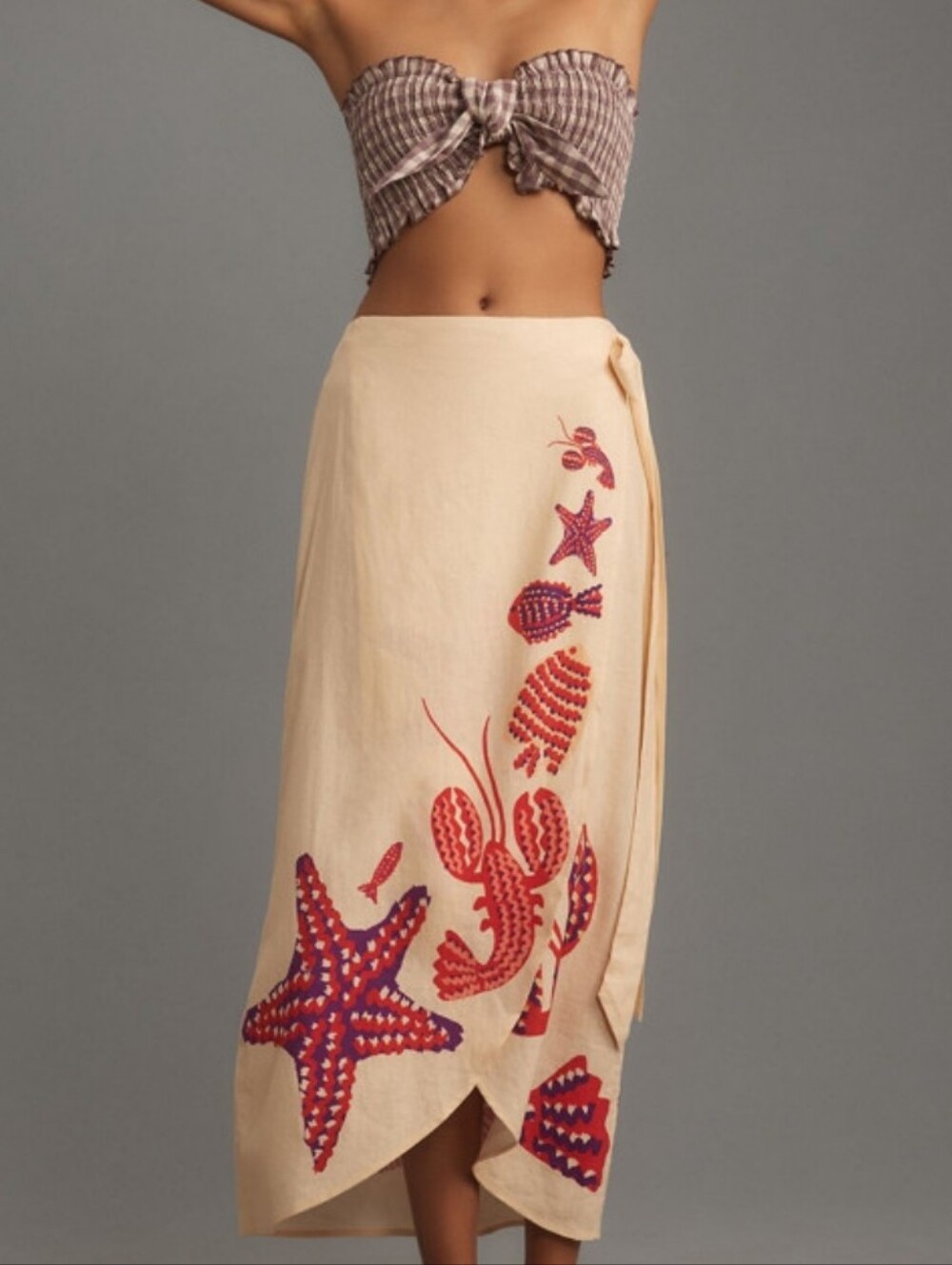 FARM Rio Cream Maxi Wrap Skirt with Red & Purple Sea Motif
